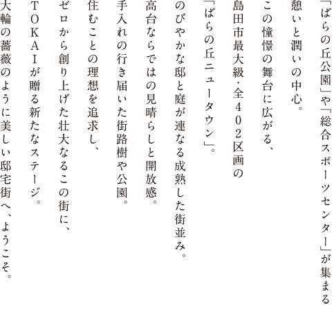 「ばらの丘公園」や「総合スポーツセンター」が集まる憩いと潤いの中心。この憧憬の舞台に広がる、島田市最大級・全402区画の「ばらの丘ニュータウン」。のびやかな邸と庭が連なる成熟した街並み。高台ならではの見晴らしと開放感。手入れの行き届いた街路樹や公園。住むことの理想を追求し、ゼロから創り上げた壮大なるこの街に、TOKAIが贈る新たなステージ。大輪の薔薇のように美しい邸宅街へ、ようこそ。